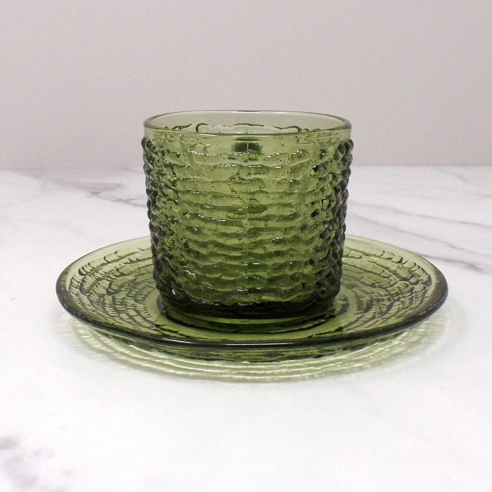 Vintage Anchor Hocking Soreno Avocado Green Glass Cup & Saucer, 6 oz (1966-70)